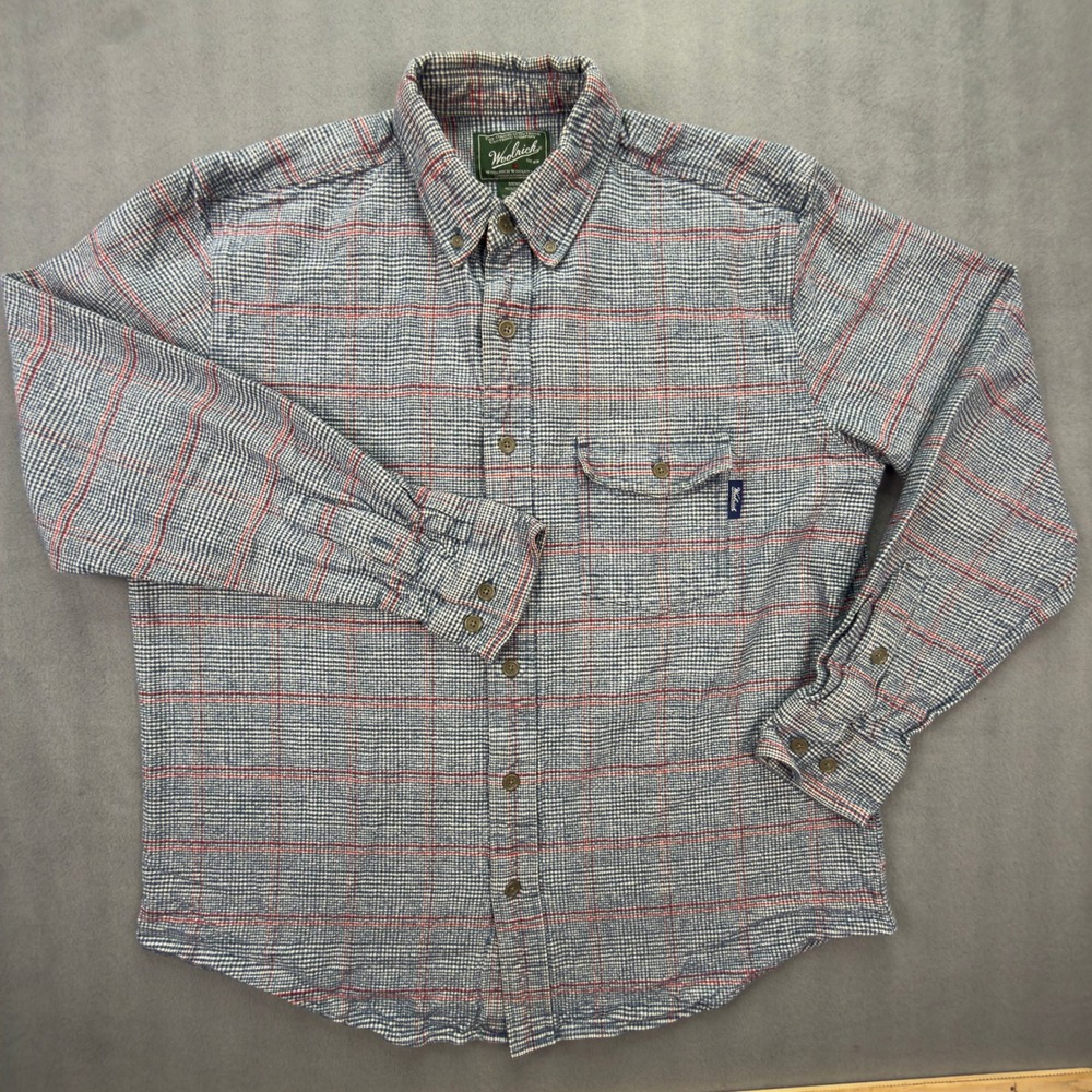 Woolrich Mens Large Blue Plaid Houndstooth Cotton Button Down Shirt 6311